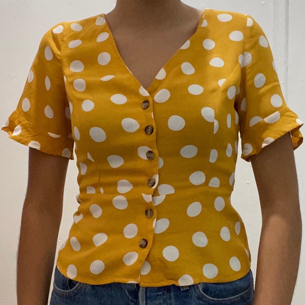 Yellow Polk dot button down blouse/ flared sleeves